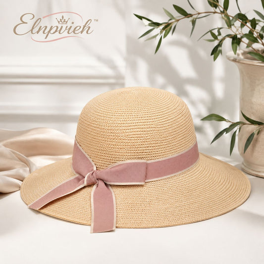 Elnpvieh™ Kensington Ribbon Wide-Brim Sun Hat – Women's Packable Resort Hat, British-Inspired Summer Fedora