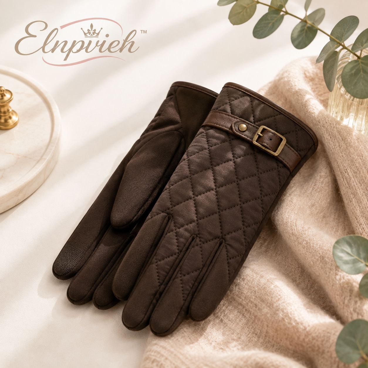 Elnpvieh™ Windsor Quilted Gloves – Women's Diamond-Stitch Winter Gloves with Buckle Cuff & Touchscreen Detail