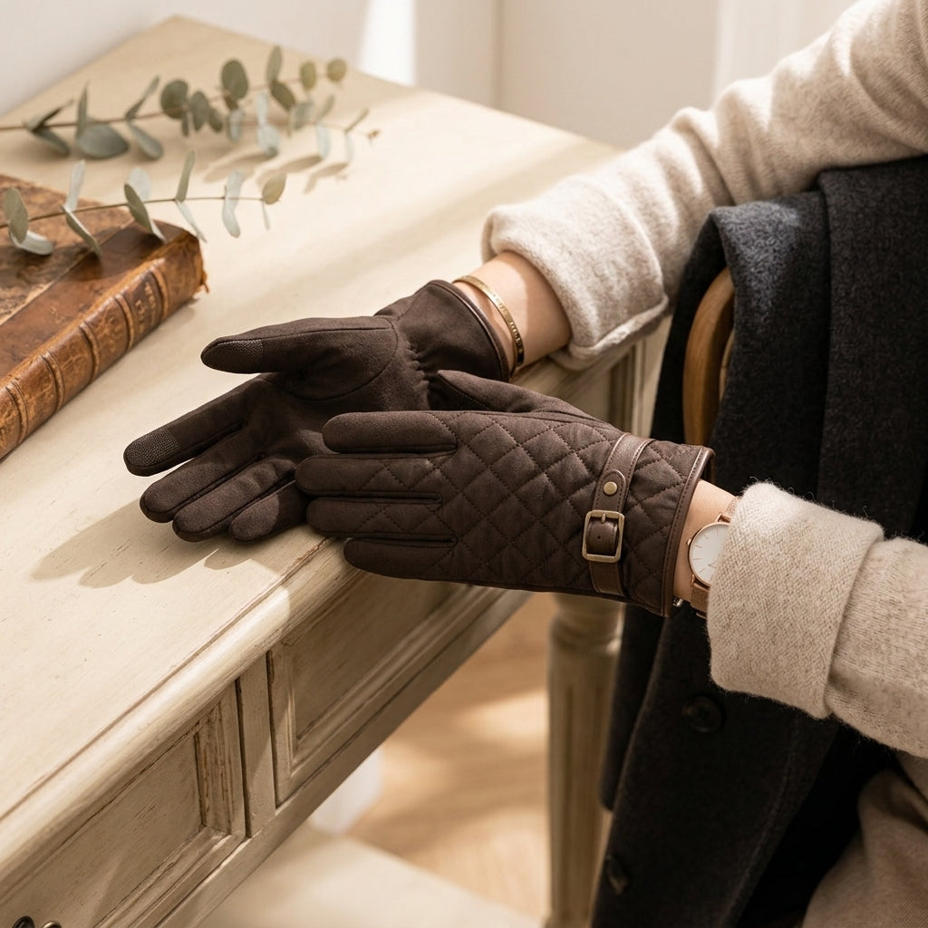 Elnpvieh™ Windsor Quilted Gloves – Women's Diamond-Stitch Winter Gloves with Buckle Cuff & Touchscreen Detail