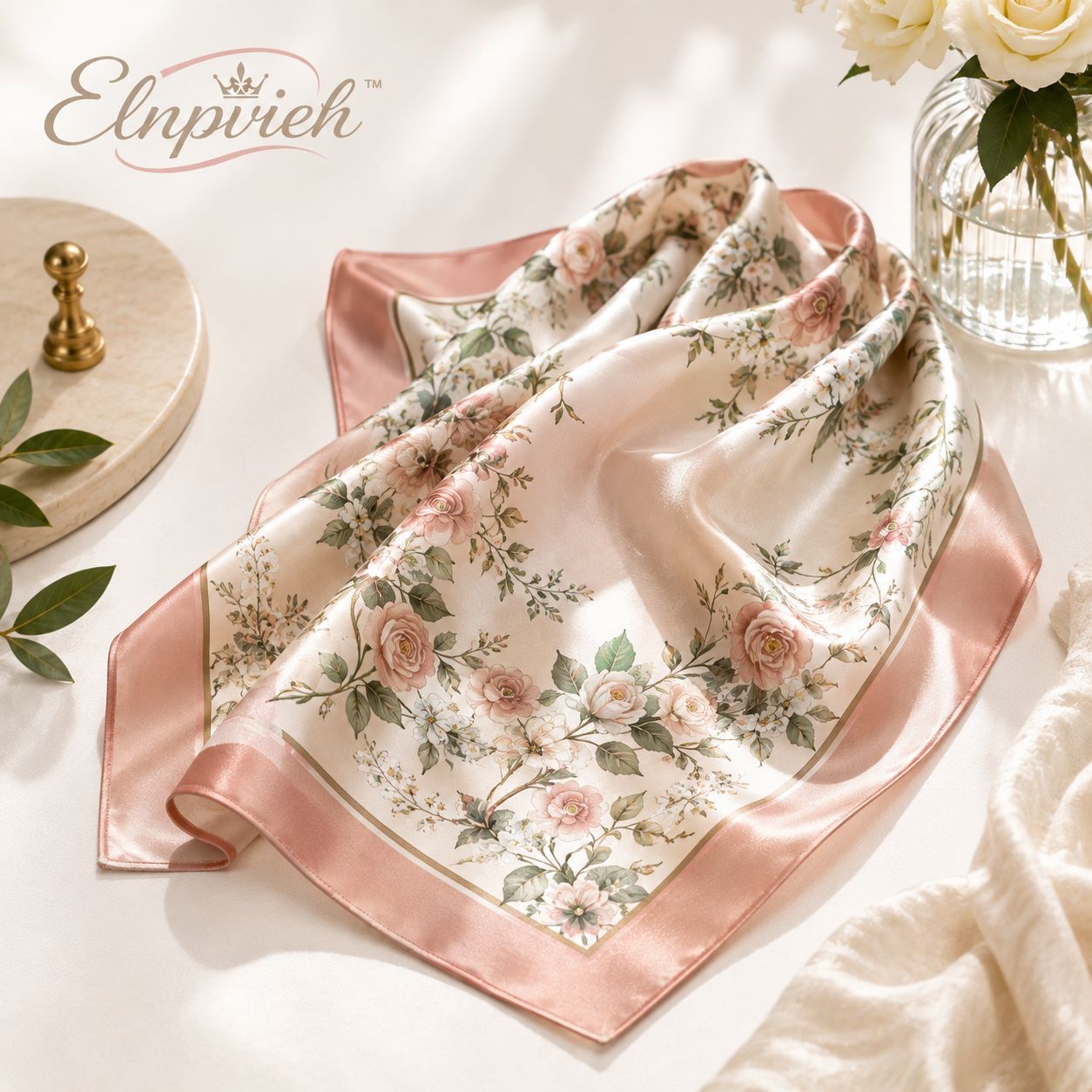 Elnpvieh™ Rosewick Garden Silk Scarf – 35 in Women's Floral Square Scarf, Hair Wrap, Headscarf & Waist Scarf