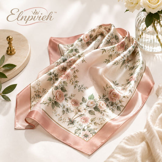 Elnpvieh™ Rosewick Garden Silk Scarf – 35 in Women's Floral Square Scarf, Hair Wrap, Headscarf & Waist Scarf