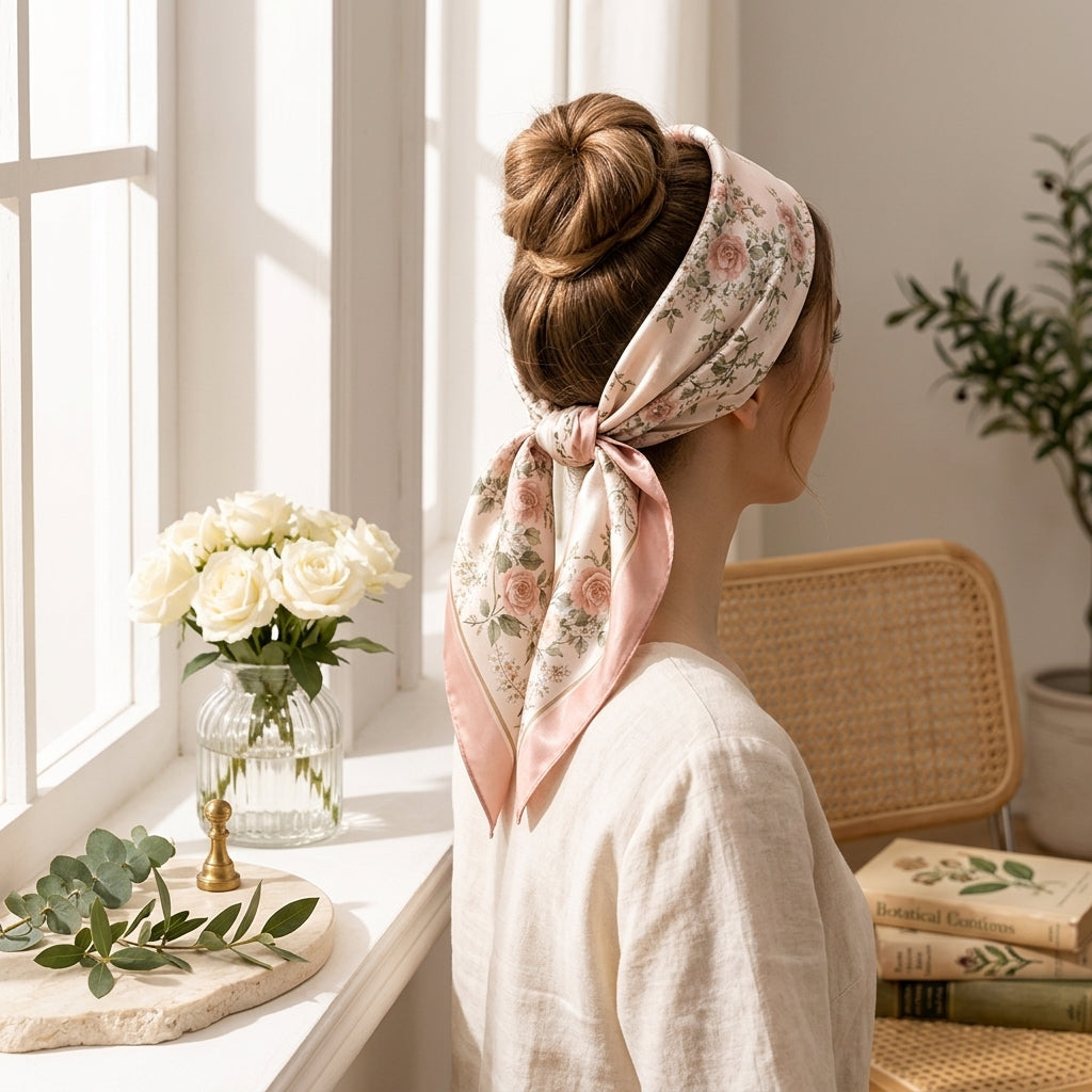 Elnpvieh™ Rosewick Garden Silk Scarf – 35 in Women's Floral Square Scarf, Hair Wrap, Headscarf & Waist Scarf