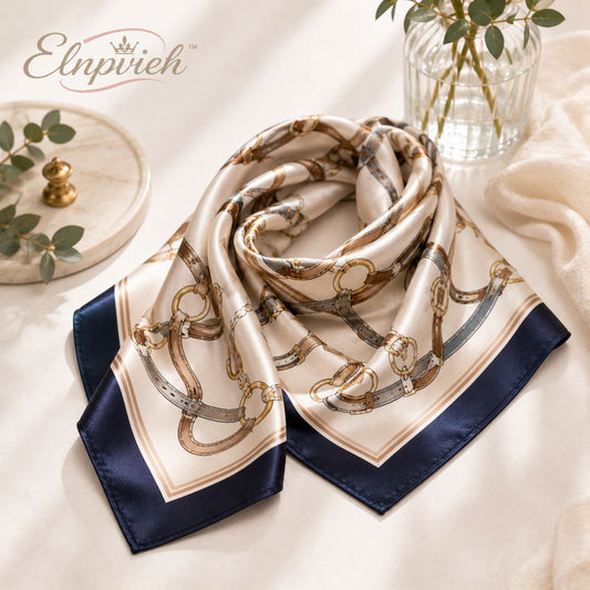 Elnpvieh™ Regent Equestrian Silk Twill Scarf – 27 in Horsebit Print Square Neck, Hair & Bag Scarf