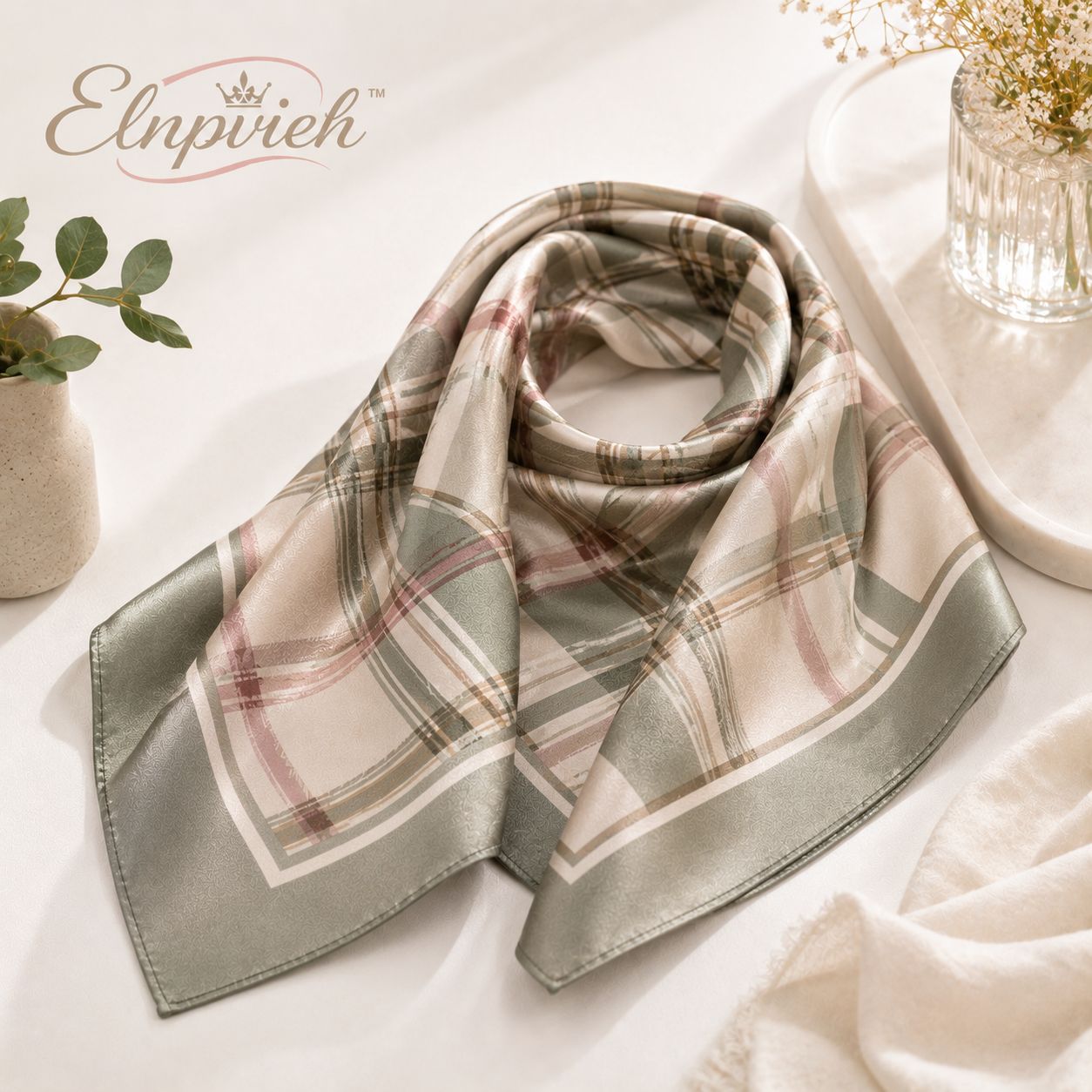 Elnpvieh™ Briar Plaid Recycled-Blend Scarf – 35 in British Check Square Headscarf, Hair & Waist Wrap