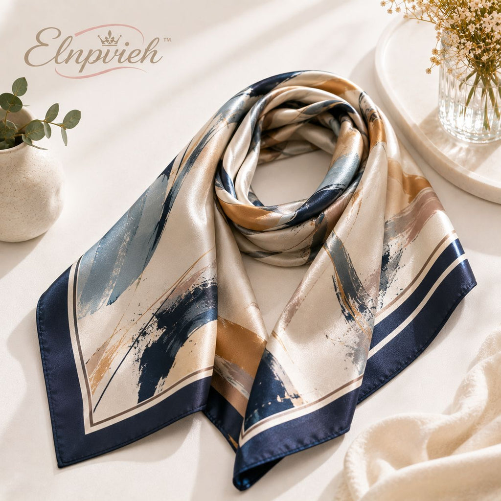 Elnpvieh™ Bloomsbury Art-Print Satin Scarf – 35 in Abstract Square Head Scarf, Hair Wrap & Fashion Waist Scarf