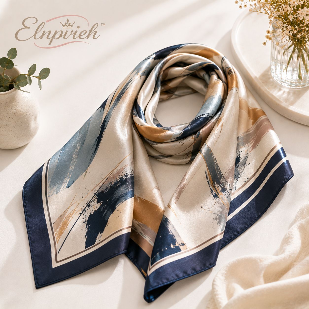Elnpvieh™ Bloomsbury Art-Print Satin Scarf – 35 in Abstract Square Head Scarf, Hair Wrap & Fashion Waist Scarf