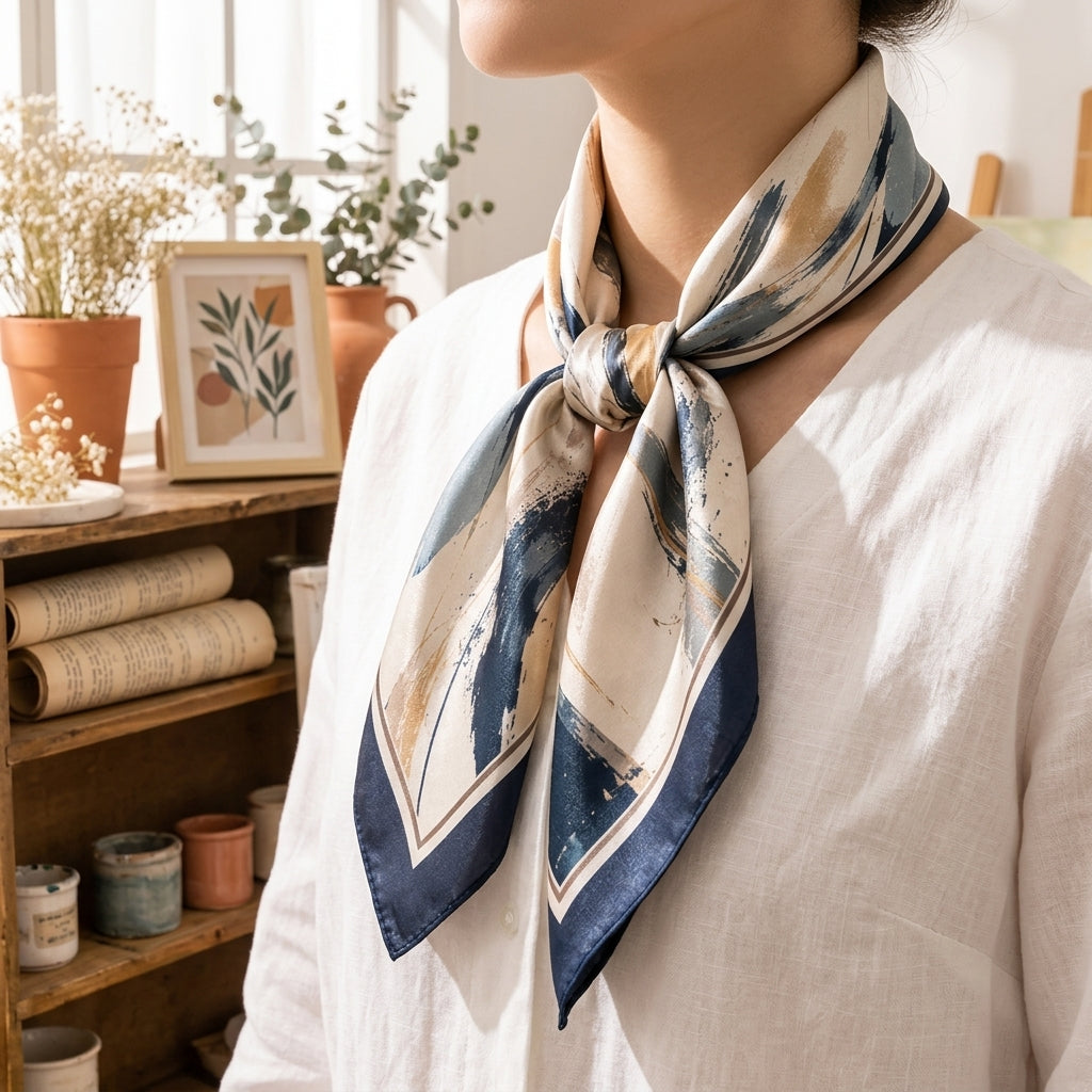 Elnpvieh™ Bloomsbury Art-Print Satin Scarf – 35 in Abstract Square Head Scarf, Hair Wrap & Fashion Waist Scarf
