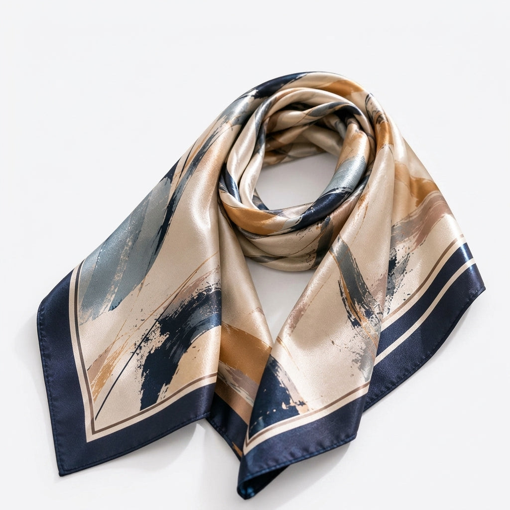 Elnpvieh™ Bloomsbury Art-Print Satin Scarf – 35 in Abstract Square Head Scarf, Hair Wrap & Fashion Waist Scarf