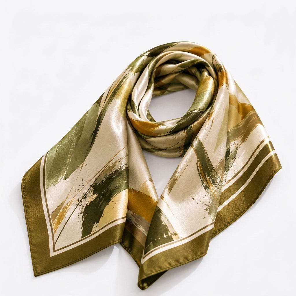 Elnpvieh™ Bloomsbury Art-Print Satin Scarf – 35 in Abstract Square Head Scarf, Hair Wrap & Fashion Waist Scarf