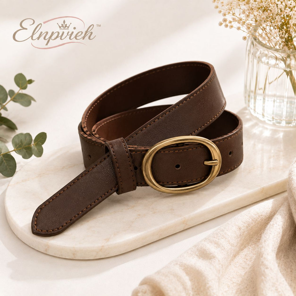 Elnpvieh™ Ashford Vintage Leather Belt – Women's Oval Buckle Genuine Leather Jeans, Dress & Layering Belt