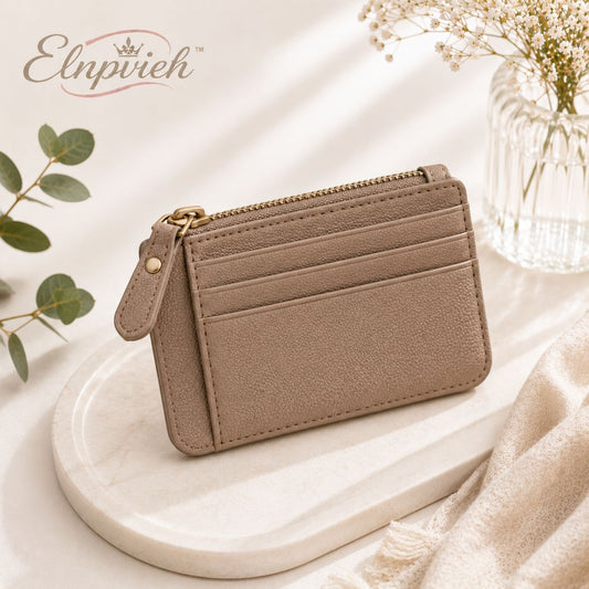 Elnpvieh™ Portobello Zip Card Case – Women's Compact Vegan Leather Card Wallet with Zipper Coin Pocket